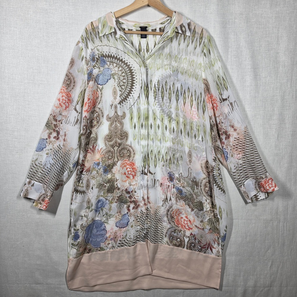Chicos Black Label Tunic Womens 2  Bohemian Floral Paisley Mixed Print Top